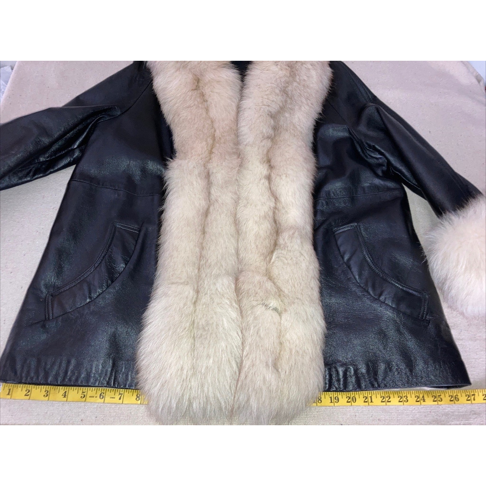 Vintage 60s Leather Penny Lane Fox Fur Collar Front Cuffs Trim Swing Coat Jacket - Picture 10 of 16